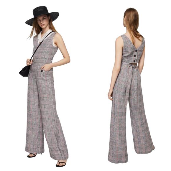 Mango Plaid Check Sleeveless Cut Out Backless Jumpsuit XS Preppy Vest Wide Leg - Picture 1 of 12